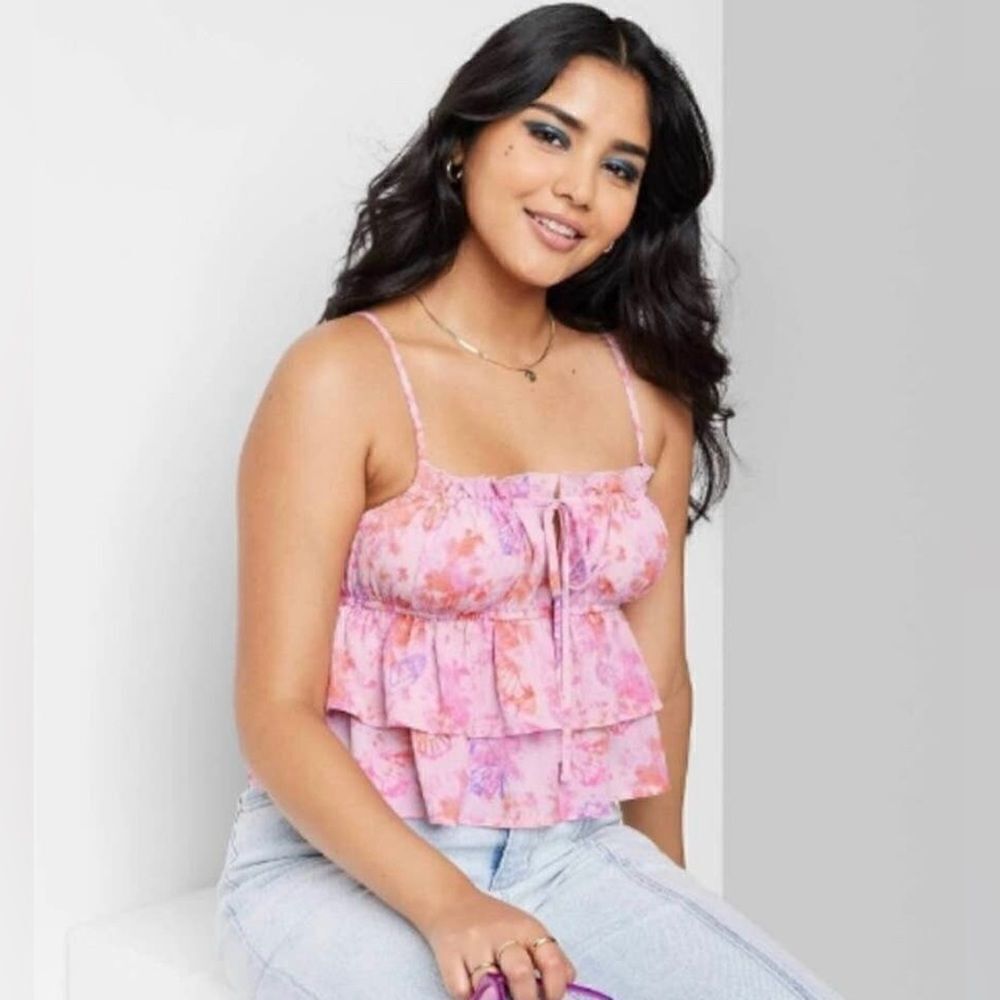 Wild Fable Women's Tiered Ruffle Tank Top - Light Pink Butterfly NWT XL